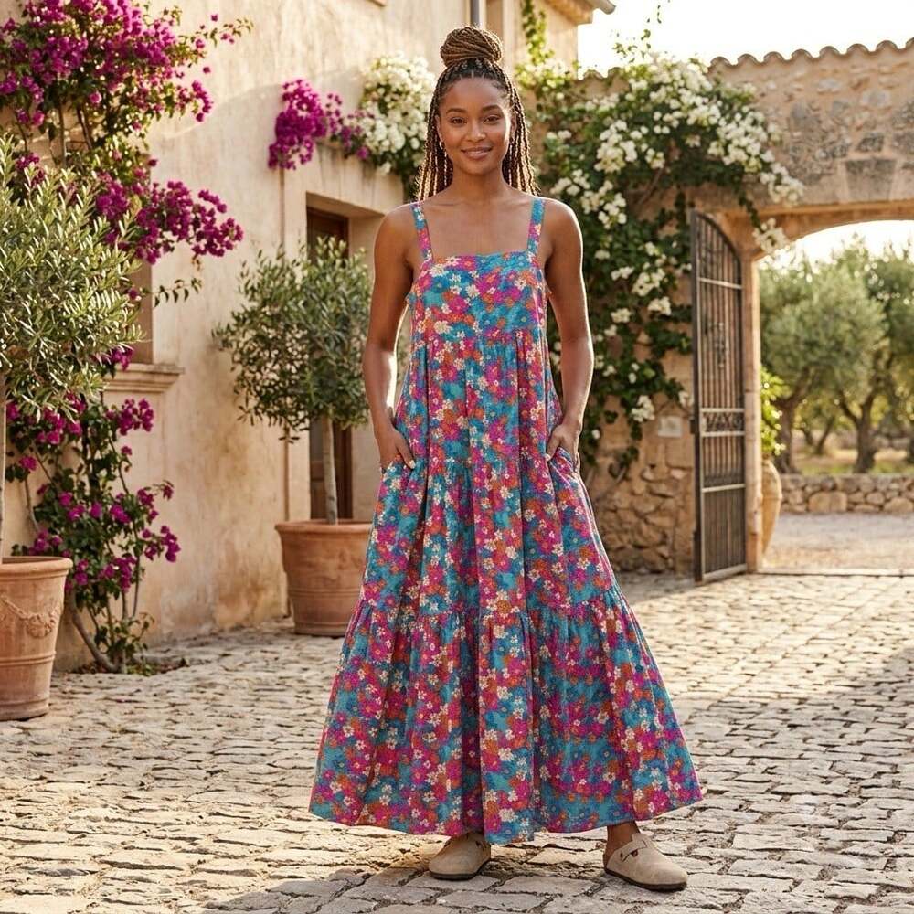 Natural Life Sz S Patricia Tiered Blue Pink Beach Boho Maxi Dress Pockets - Picture 1 of 8